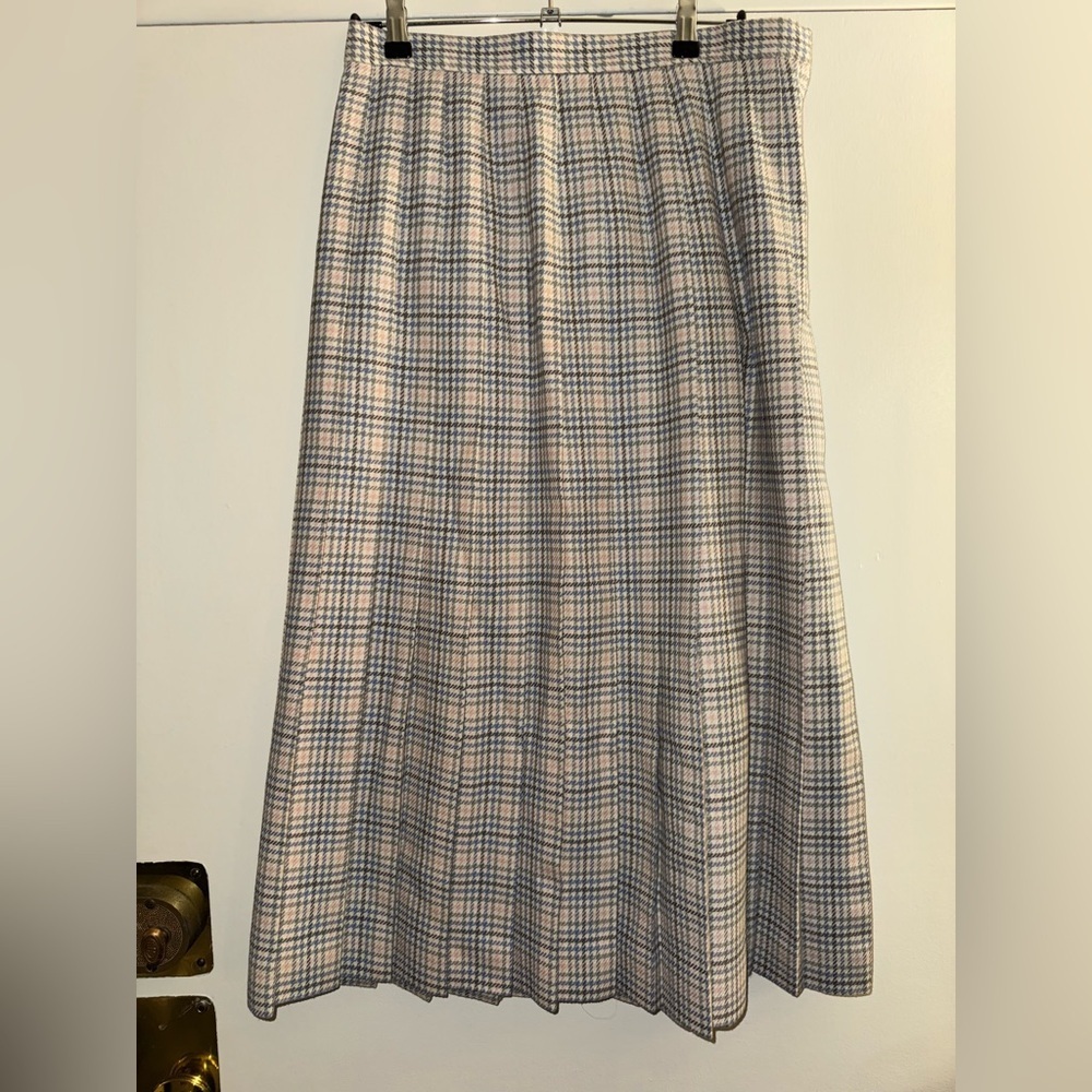 Vintage Talbots Pink Blue Plaid Pleated Wool Midi Skirt Size Medium